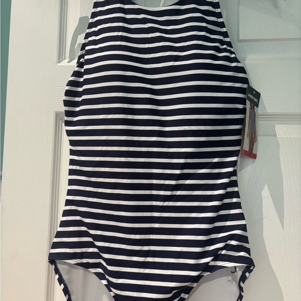 Lands' End Navy and White One-Piece Swimsuit - Picture 2 of 5